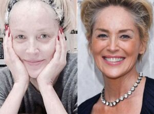 Sharon Stone before and after makeup